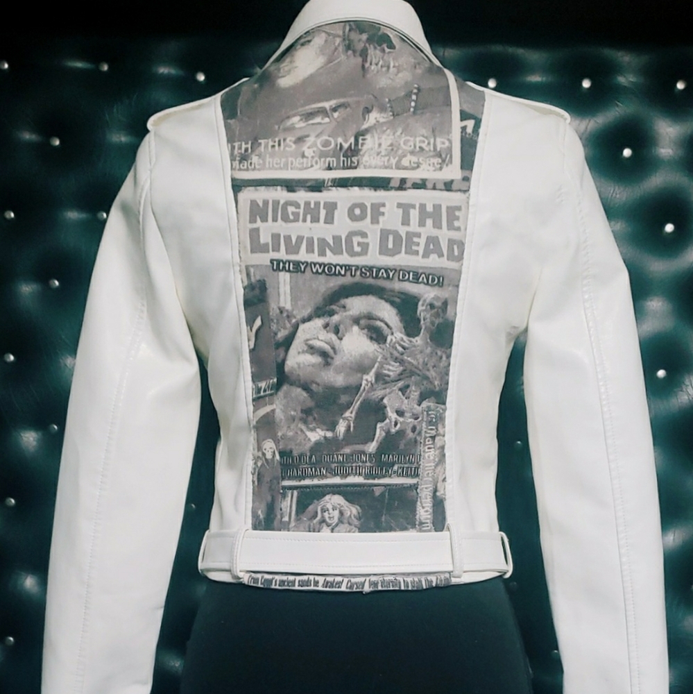 Upcycled vegan leather biker style jacket with B movie bautys - Picture 2 of 5